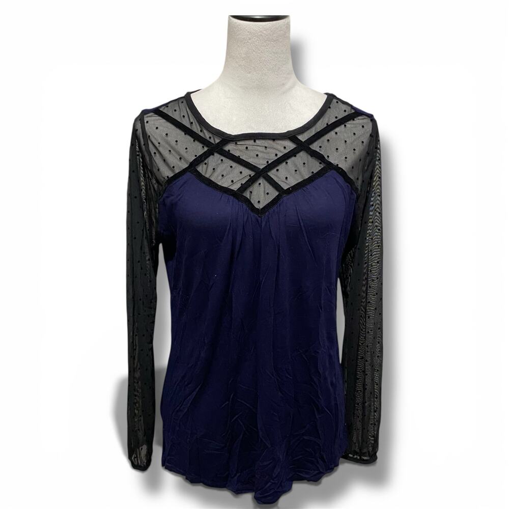AUGUST SILK Navy and Black Dotted Swiss Top Size Medium Long Sleeve Velvet Trim
